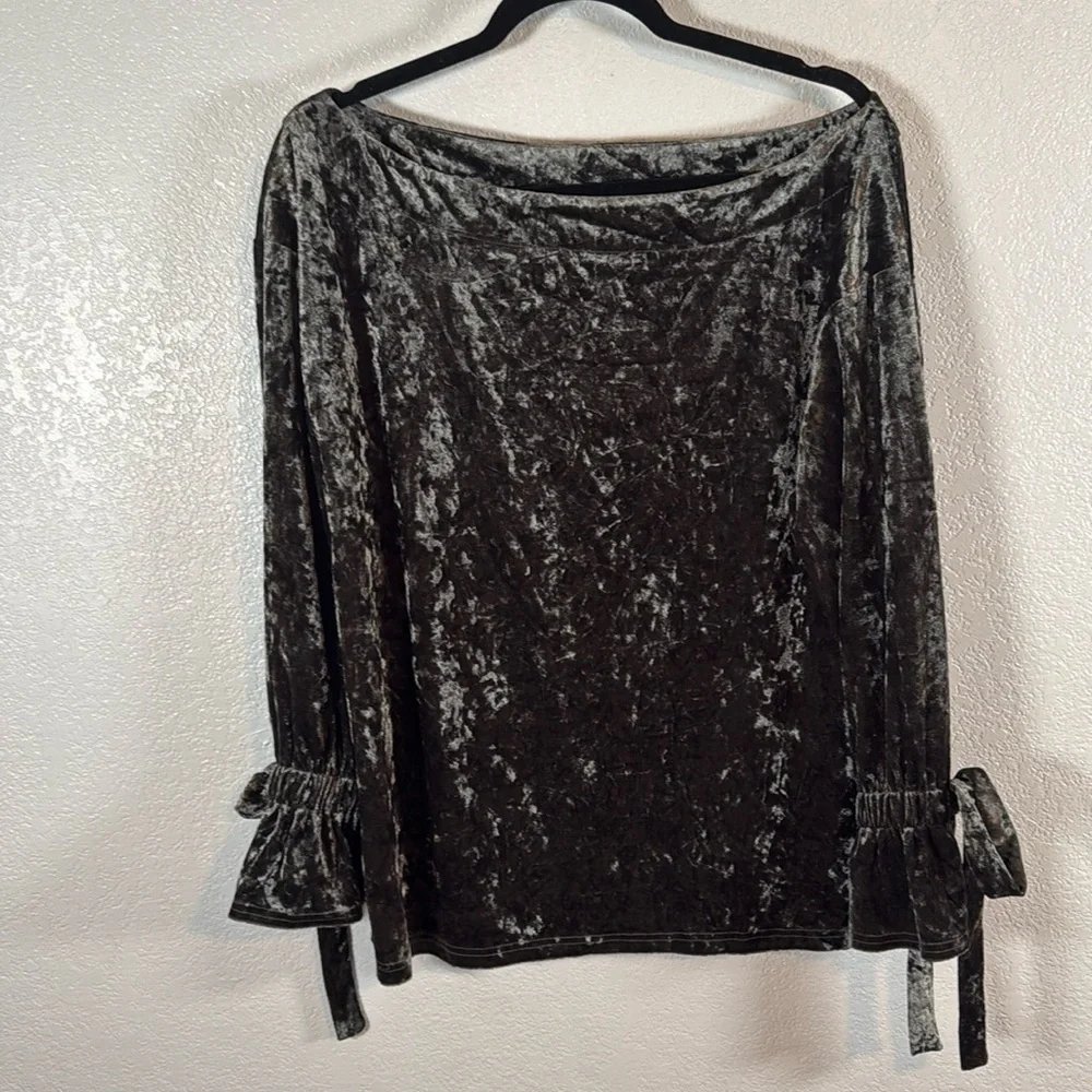 Lumiere Gunmetal Gray Crushed Velvet Wide Neck Tie Sleeves Top Size Medium NWT